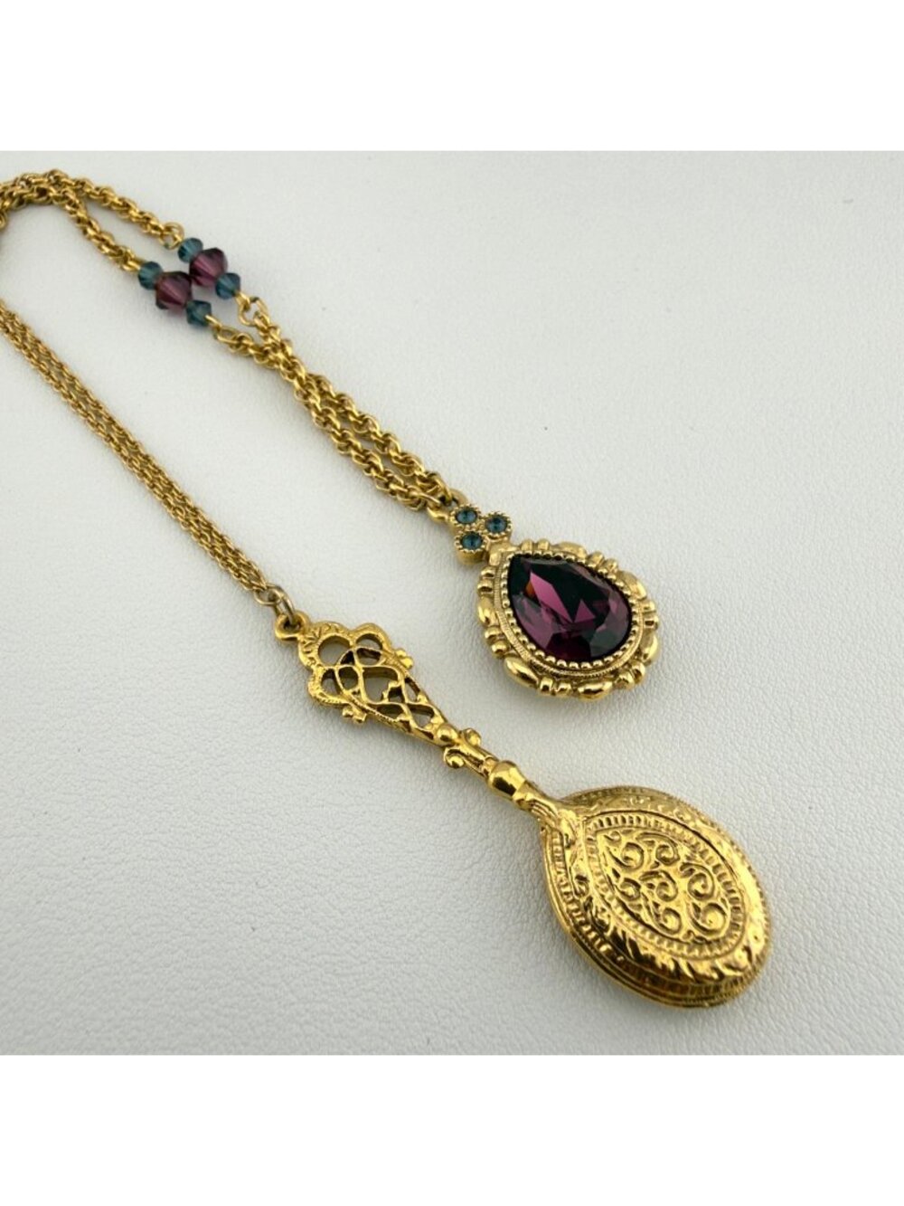 Vintage 1928 Locket Pendant Necklace Set Victorian Revival Gold Tone Chain